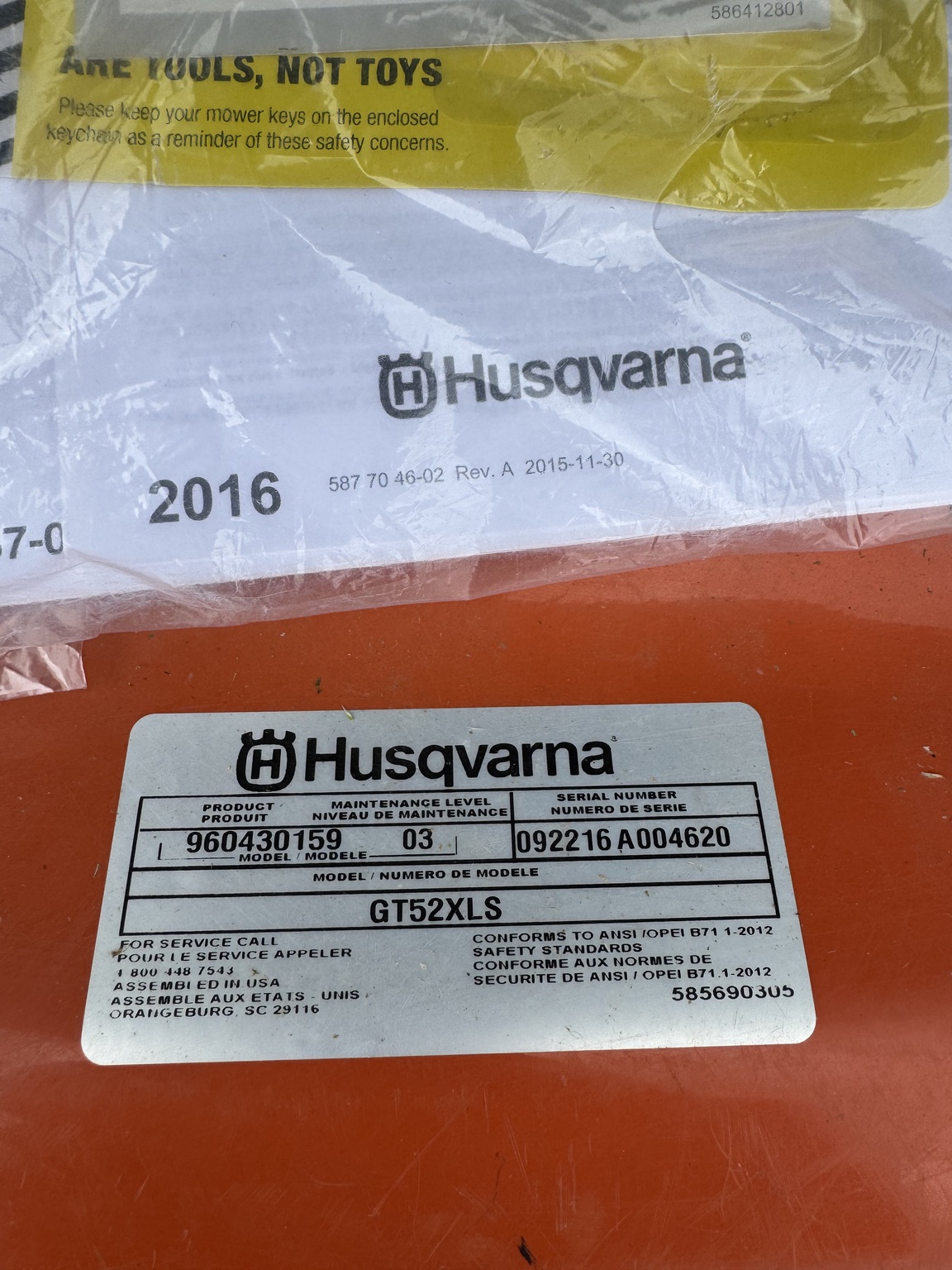 On Lot 2016 Husqvarna GT52XLS at Tri County Equipment Sandusky, MI